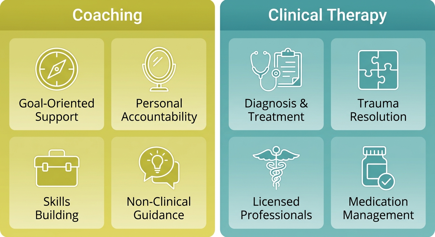 Comparison infographic showing Coaching versus Clinical Therapy with two columns labeled Coaching and Clinical Therapy, each containing four icon-labeled items.
