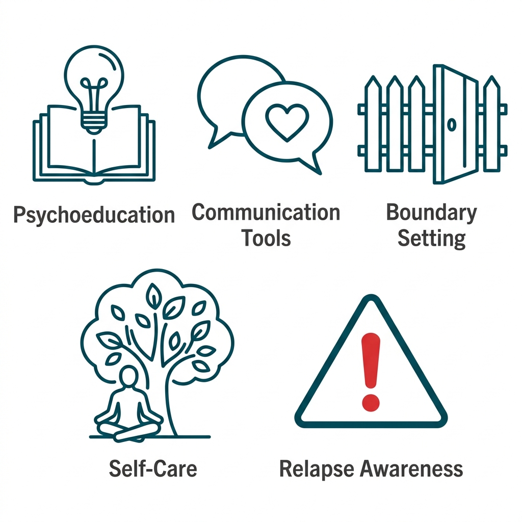 Five outline icons in a 3-column grid: lightbulb above book, two speech bubbles with heart, fence with open gate, person meditating under tree, warning sign with exclamation mark. Labels: Psychoeducation, Communication Tools, Boundary Setting, Self-Care, Relapse Awareness.