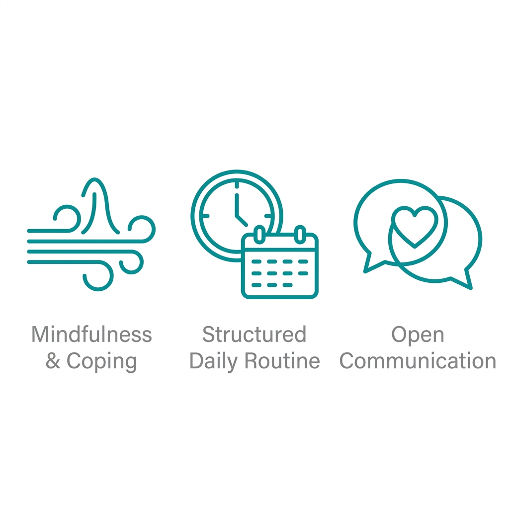 Three icons representing essential life skills for recovery: mindfulness and coping, structured daily routine, and open communication, with teal outlines and gray labels on white background.
